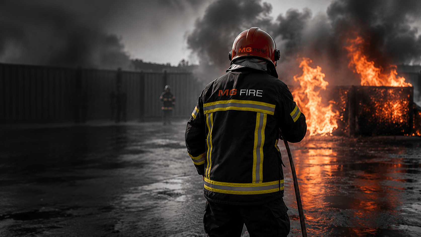 Feuerwehrmann mit Helm und Atemschutzmaske