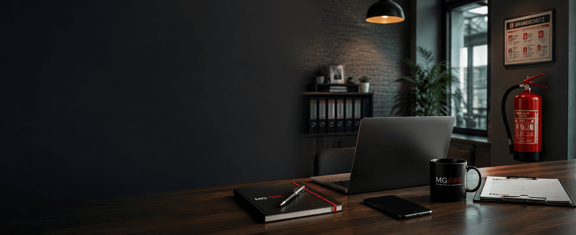 Ein Schreibtisch mit Laptop, Stift und Notizblock